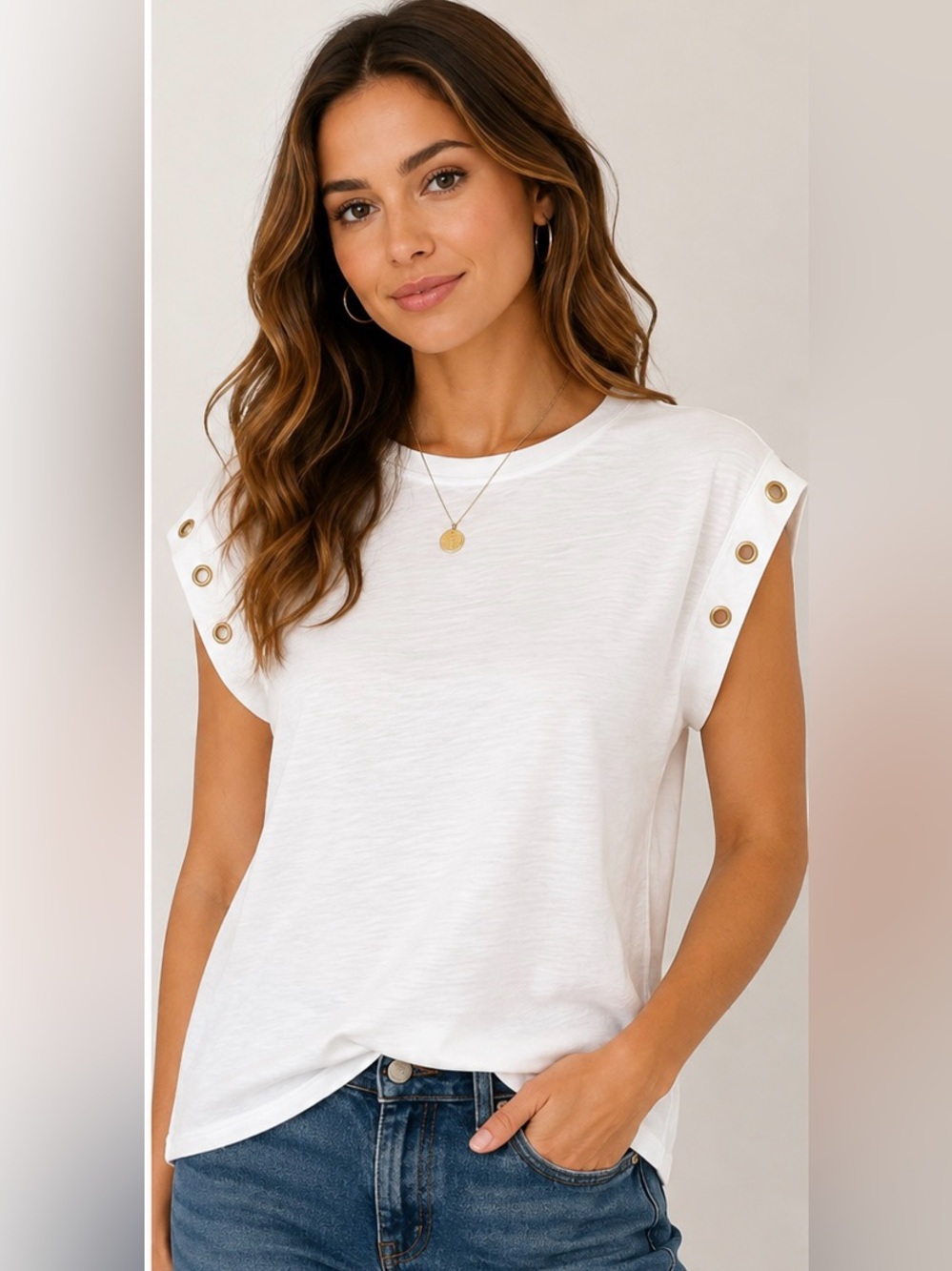Nation Los Angeles White Grommet Sleeve Cotton Tee Size Medium Made in Peru